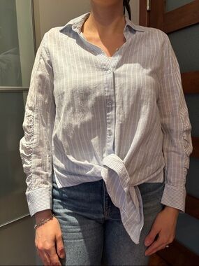 Zara Light Blue & White Striped Tie-Front Button-Down Shirt